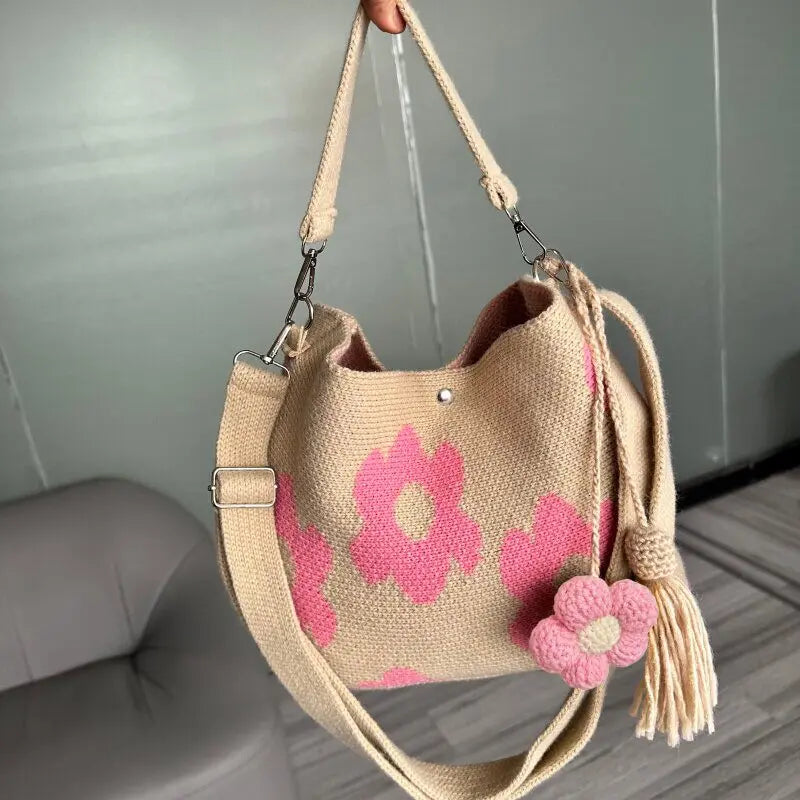 Handmade Crochet Flower Tote Bag Knit Floral Purse Crossbody Crochet Handbags for Women Boho Beach Crochet Purse Shoulder Bag