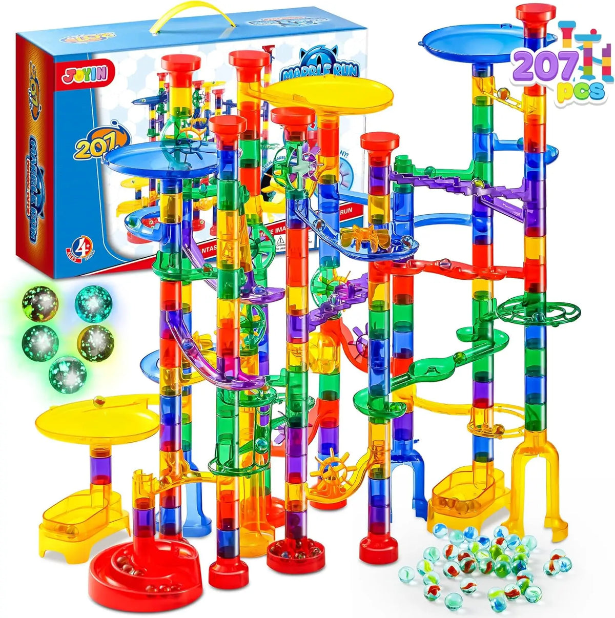 JOYFY 207Pcs Glowing Marble Run Construction Building Blocks Toys with 5 Glow in The Dark Toy for Boys Girl Educational Toy Gift