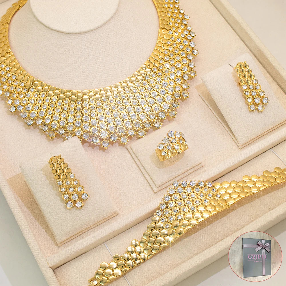GZJPEI Zircon Jewelry Set With Necklace Bracelet Earrings And Ring