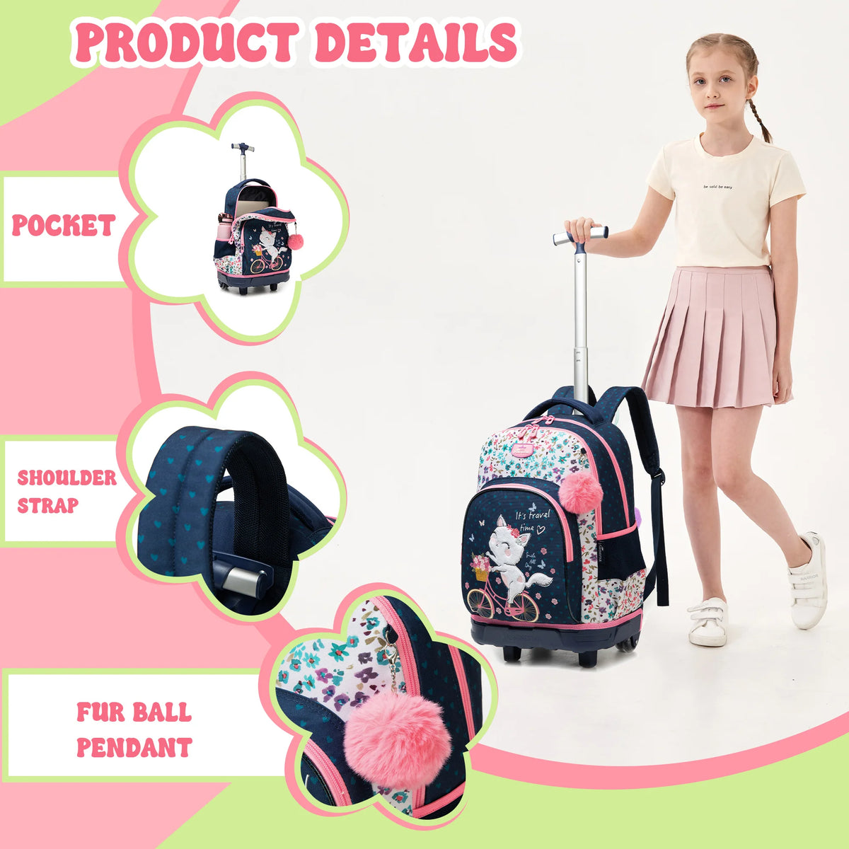 3-Piece Girls Stylish Rolling Backpack Set Perfect for Girls with Wheeled Luggage Lunch Bag Pencil Case for School Travel