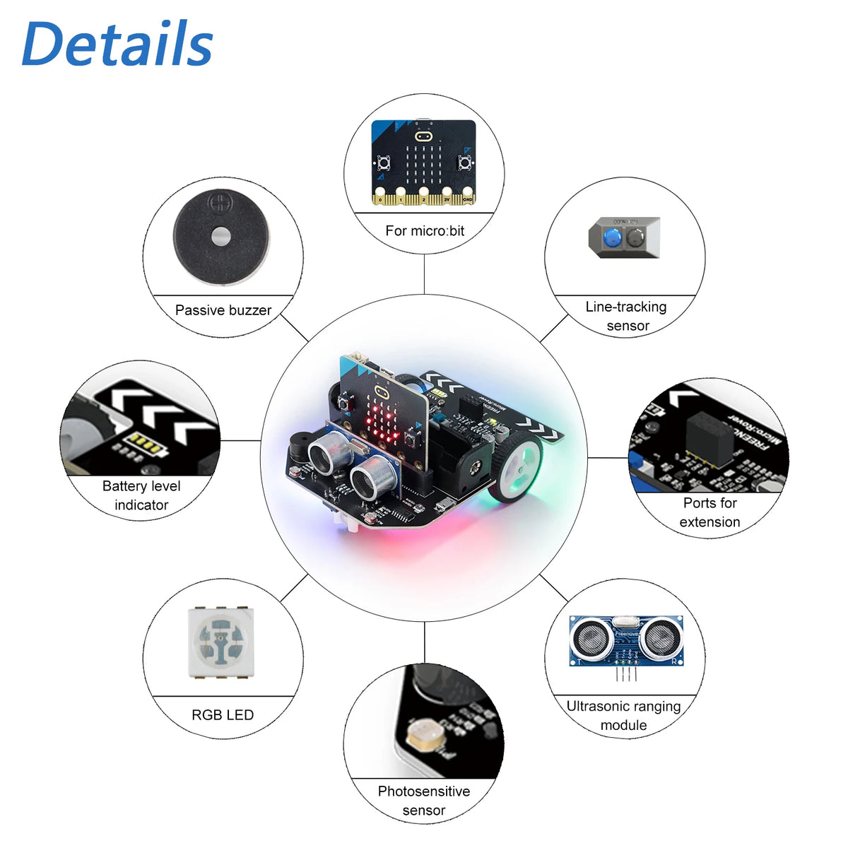 Freenove Micro:Rover Kit for BBC micro:bit V2, Obstacle Avoidance, Light-tracing, Line-tracking, Remote Control, Blocks Python