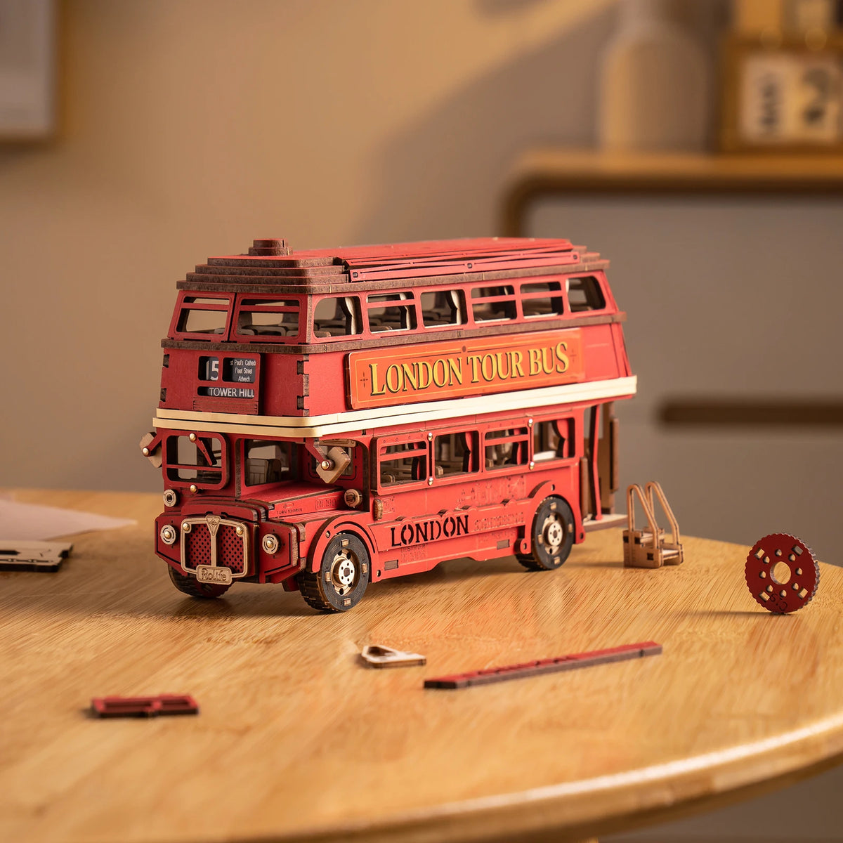 Rolife 3D Wooden Puzzle London Tour Bus DIY Wood Car Model Building Kit Educational Brain Teaser Toy for Kid Gifts for Adults