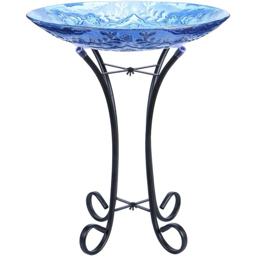Outdoor Glass Birdbath with Metal Stand for Lawn Yard Garden Decor,18” Dia/21.65 Height