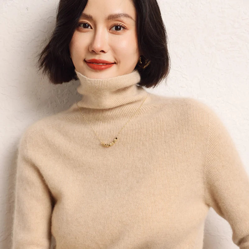 100% Cashmere Sweater Women's Knitted Pullover Sweater High Neck Solid Color Slim Fit Soft Cashmere Basic Women's Sweater