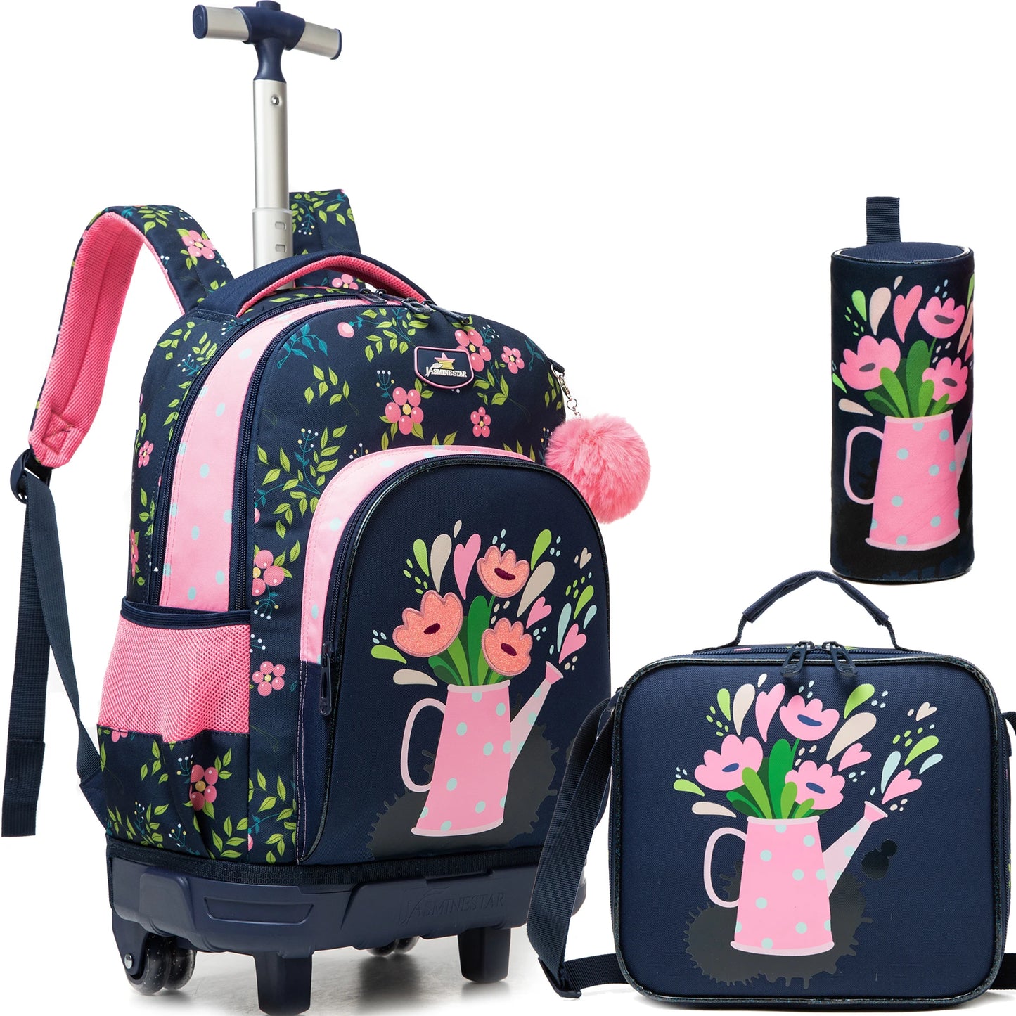 3-Piece Girls Stylish Rolling Backpack Set Perfect for Girls with Wheeled Luggage Lunch Bag Pencil Case for School Travel