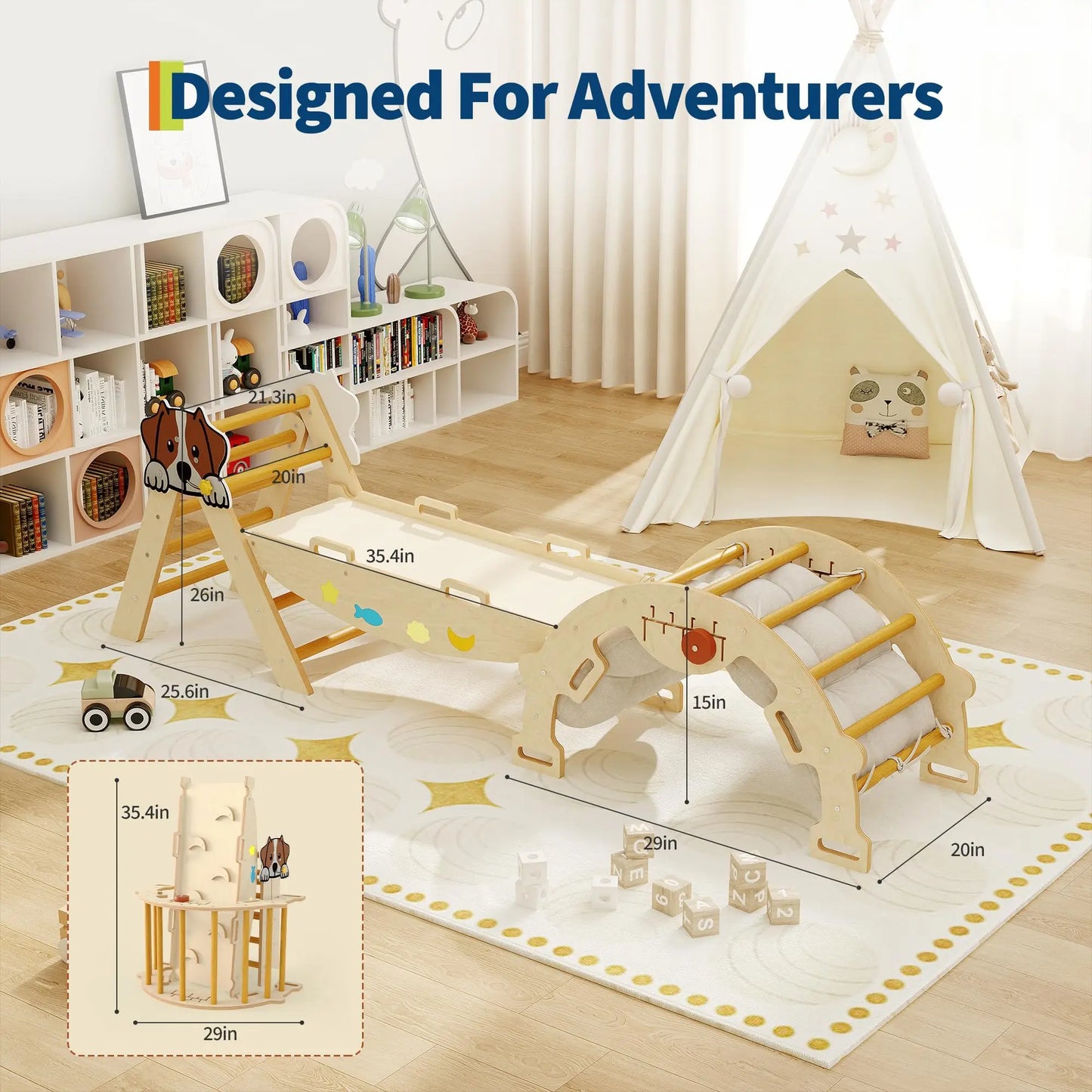 7-in-1 Foldable Pikler Triangle Set For Toddlers, Wooden Indoor Jungle Gym With Reversible Animal Slide, Climbing Ramp Ages 18M-5Y