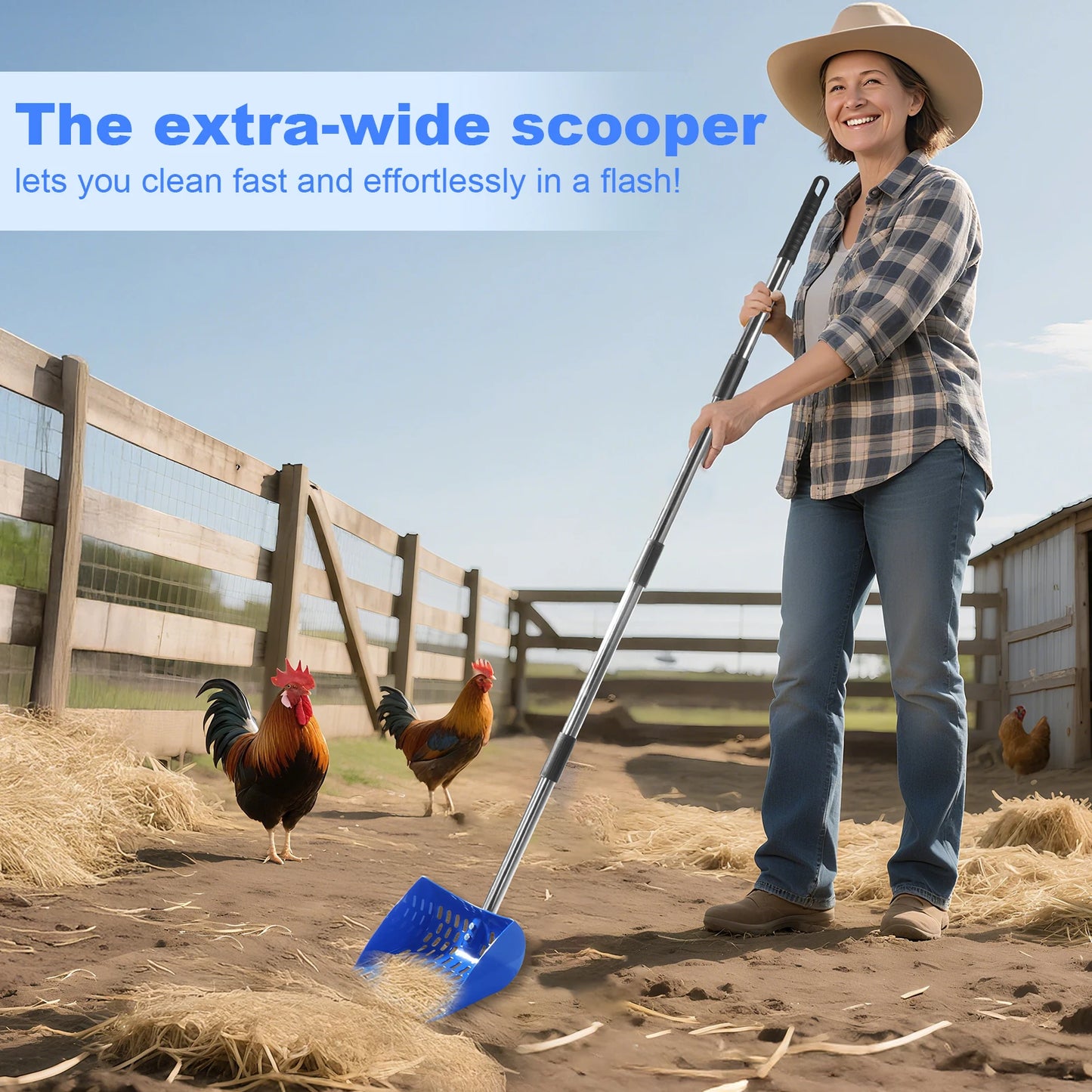 Ergonomic 2-in-1 Chicken Manure Shovel And Rake with Adjustable Handle Durable Sand Screen Garbage Shovel for Cleaning Chicken Coops Pet Waste And Small Farm Animals