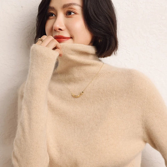 100% Cashmere Sweater Women's Knitted Pullover Sweater High Neck Solid Color Slim Fit Soft Cashmere Basic Women's Sweater
