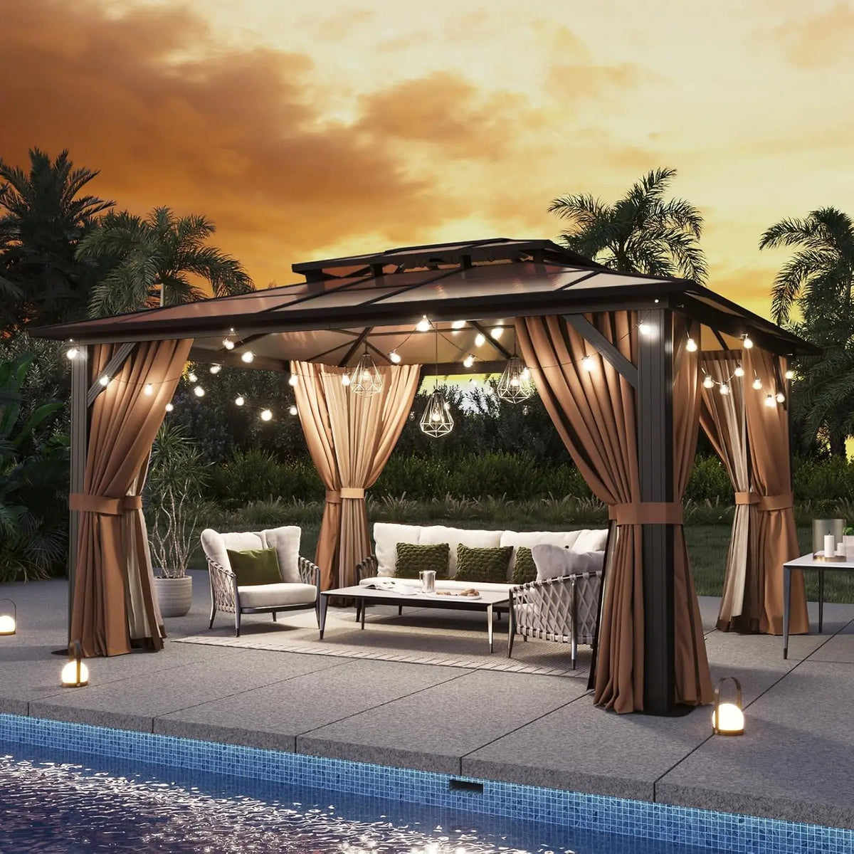 Aluminum Hardtop Gazebo With Curtains Netting And Polycarbonate Roof
