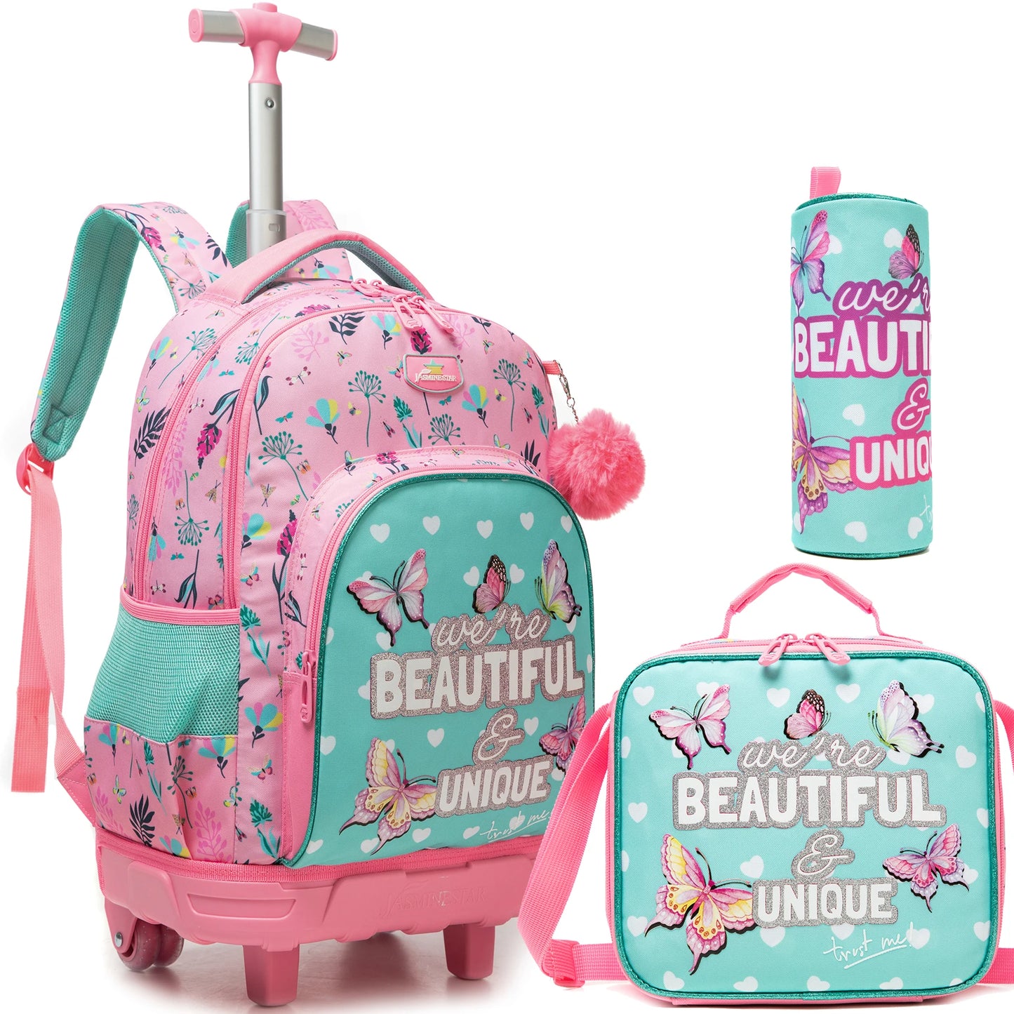 3-Piece Girls Stylish Rolling Backpack Set Perfect for Girls with Wheeled Luggage Lunch Bag Pencil Case for School Travel