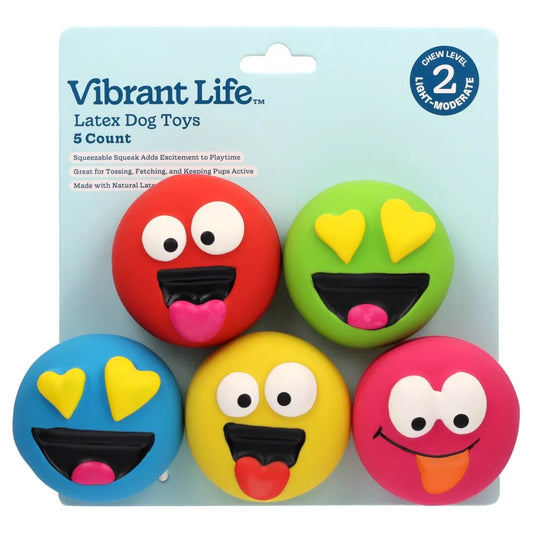 Multicolor Emoticon Latex Dog Toys with Squeakers for Aggressive Chewers, Chew Level 2 Indestructible Puppy Chew Toys for Small Medium Large Dogs, 5 Pack of Durable Interactive Play Biting Toys for Pet Dental Health, Fun