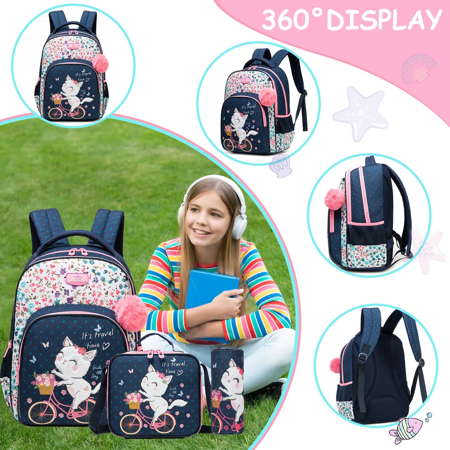 3-Piece Girls Stylish Rolling Backpack Set Perfect for Girls with Wheeled Luggage Lunch Bag Pencil Case for School Travel