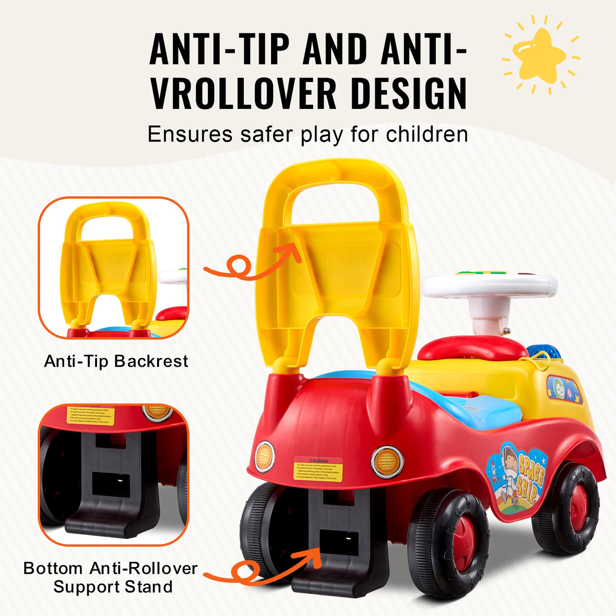 SucceBuy Toddler Ride On Push Car With Music And Storage