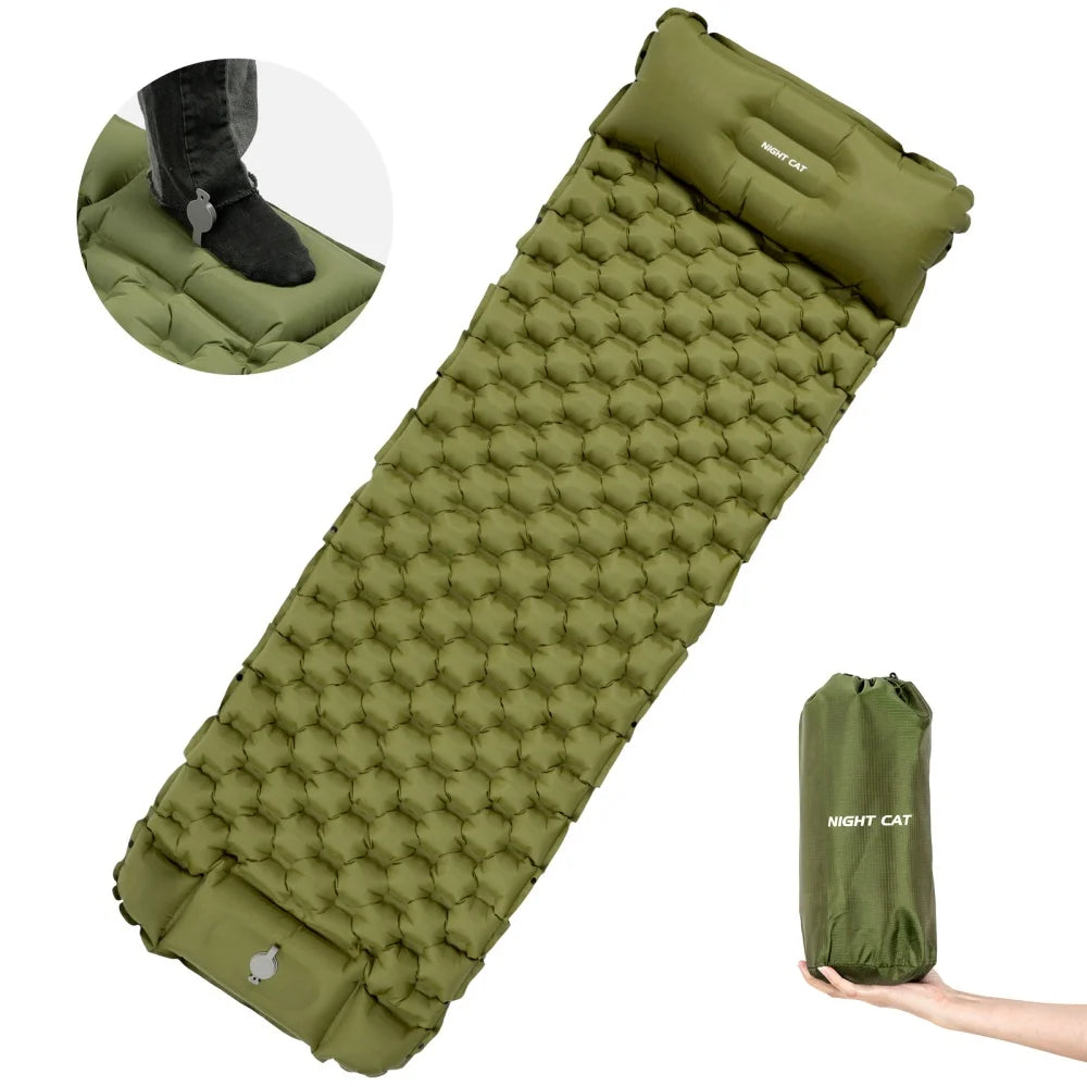 Night Cat Inflatable Camping Sleeping Pad With Pillow Foot Pump