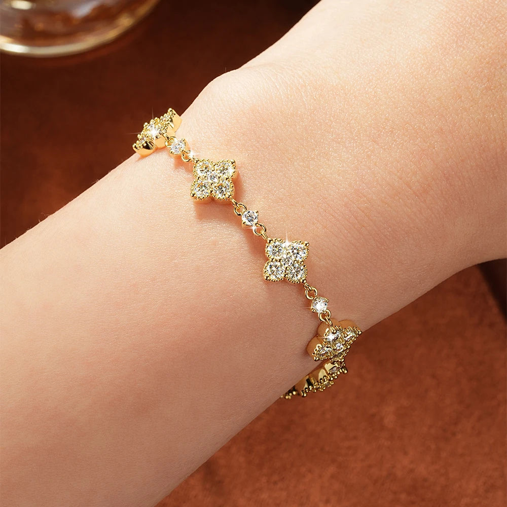 OXTAO Certified Moissanite Clover Flower Bracelets 3mm&2.5mm&2mm D VVS1 14K Gold Filled Chains Bracelet Wedding Jewelry Gifts