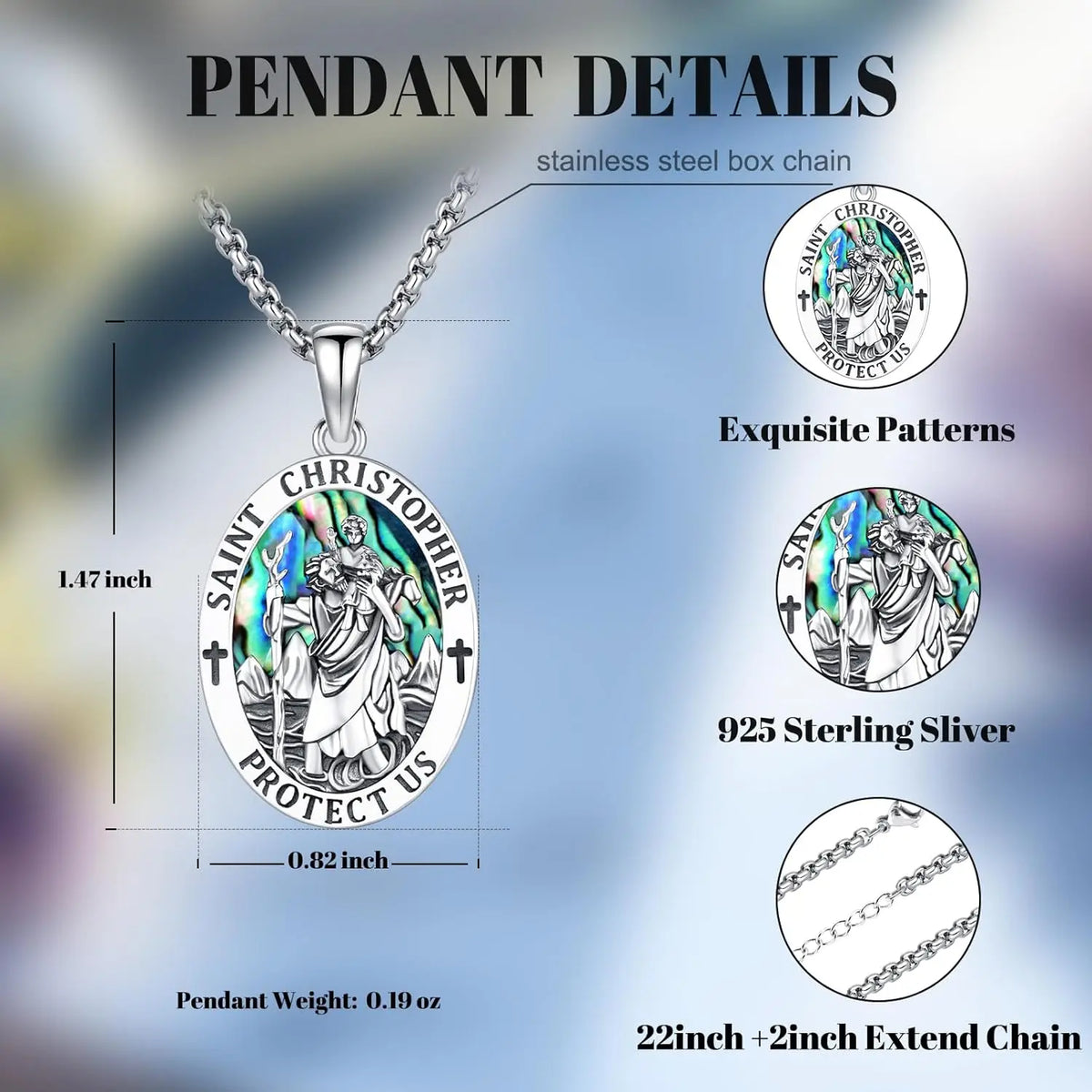 DRINSPER Sterling Silver Saint Christopher Protection Medal Necklace