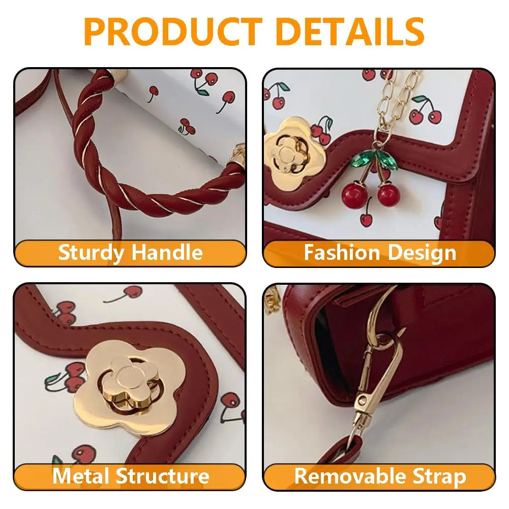 Womens Cherry Print Handbag With Twist Handle And Removable Strap