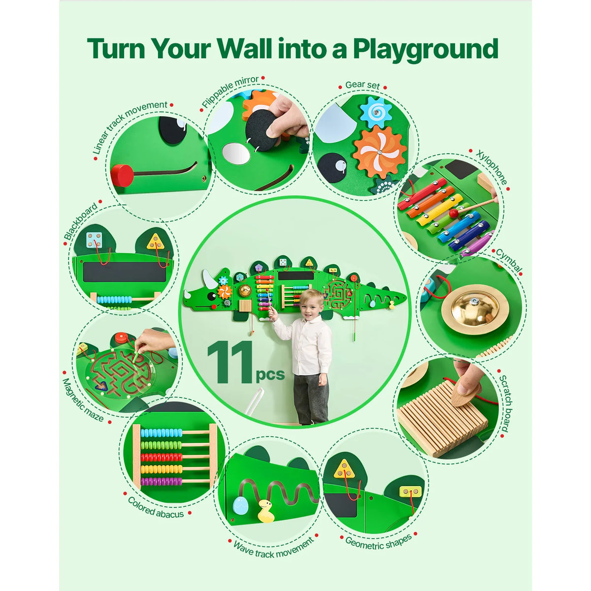 SucceBuy Dinosaur Kids Busy Wall Board 11 Activity Panels Montessori Sensory Learning Toys for Toddler Playroom Toy Gift