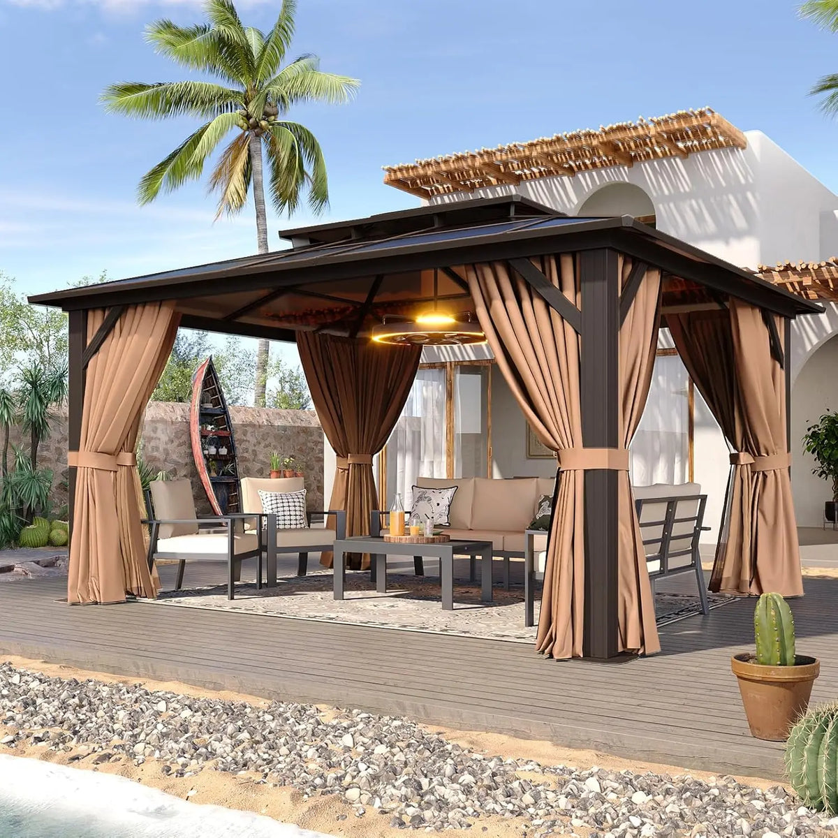 Aluminum Hardtop Gazebo With Curtains Netting And Polycarbonate Roof