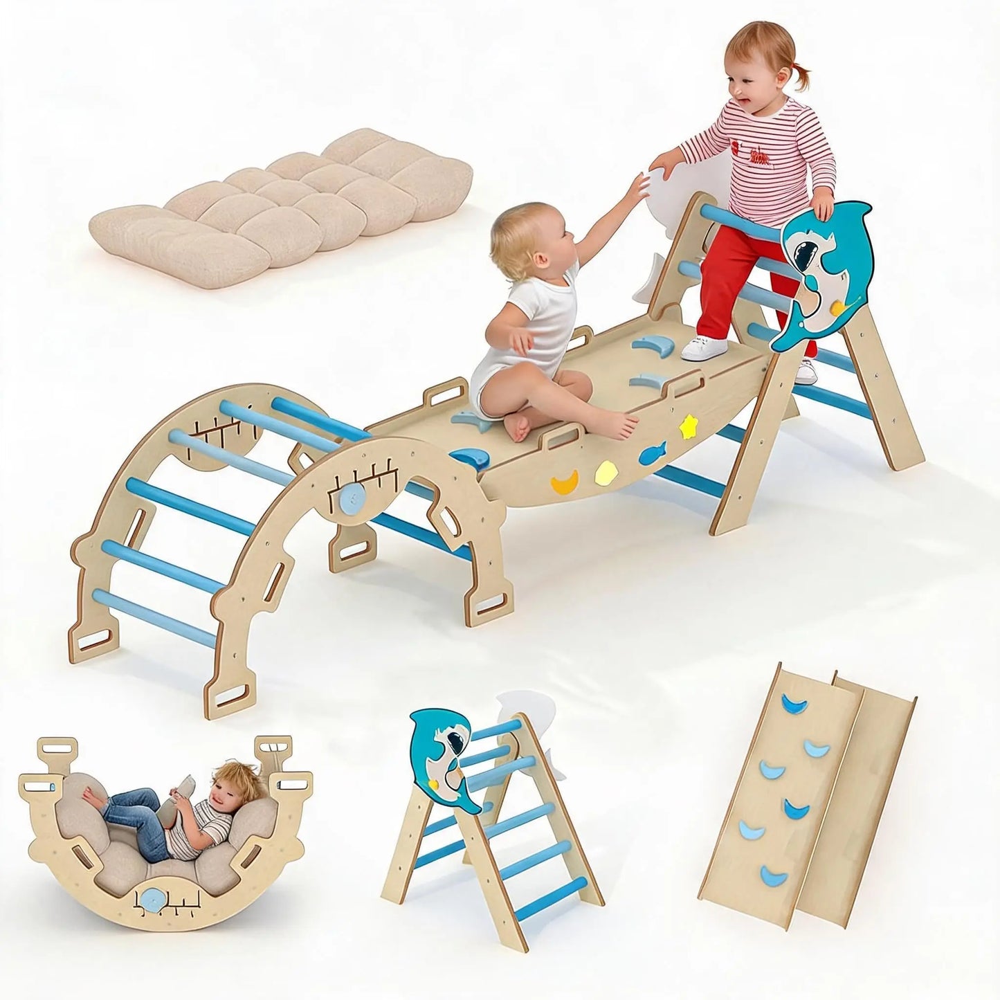 7-in-1 Foldable Pikler Triangle Set For Toddlers, Wooden Indoor Jungle Gym With Reversible Animal Slide, Climbing Ramp Ages 18M-5Y