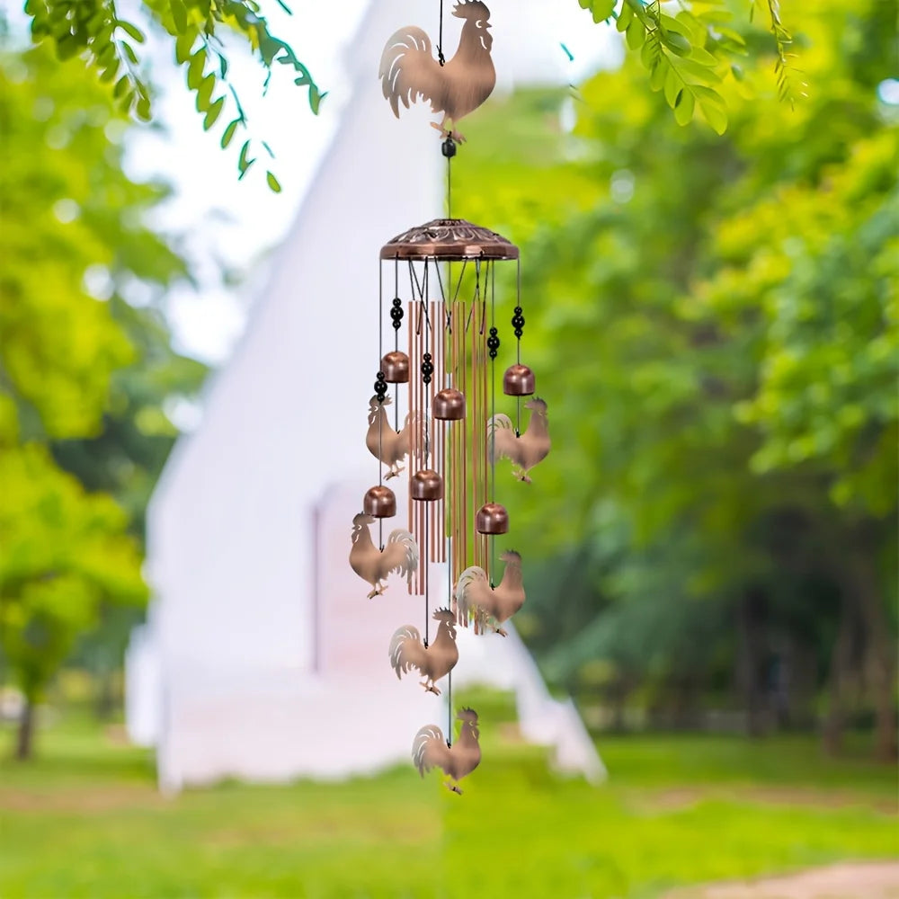 Rooster Wind Chime Outdoor/Indoor - Aluminum Tube Wind Chime with S-Hook, Soothing Sound & Hanging Chicken Cutouts, Garden/Porch