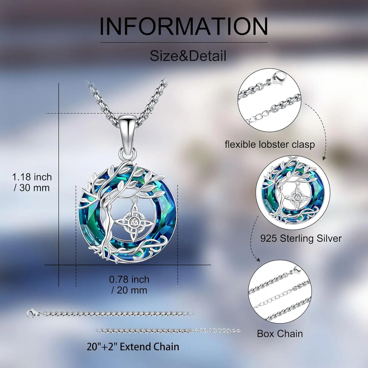 DRINSPER Sterling Silver Tree Of Life Crystal Witch Knot Necklace