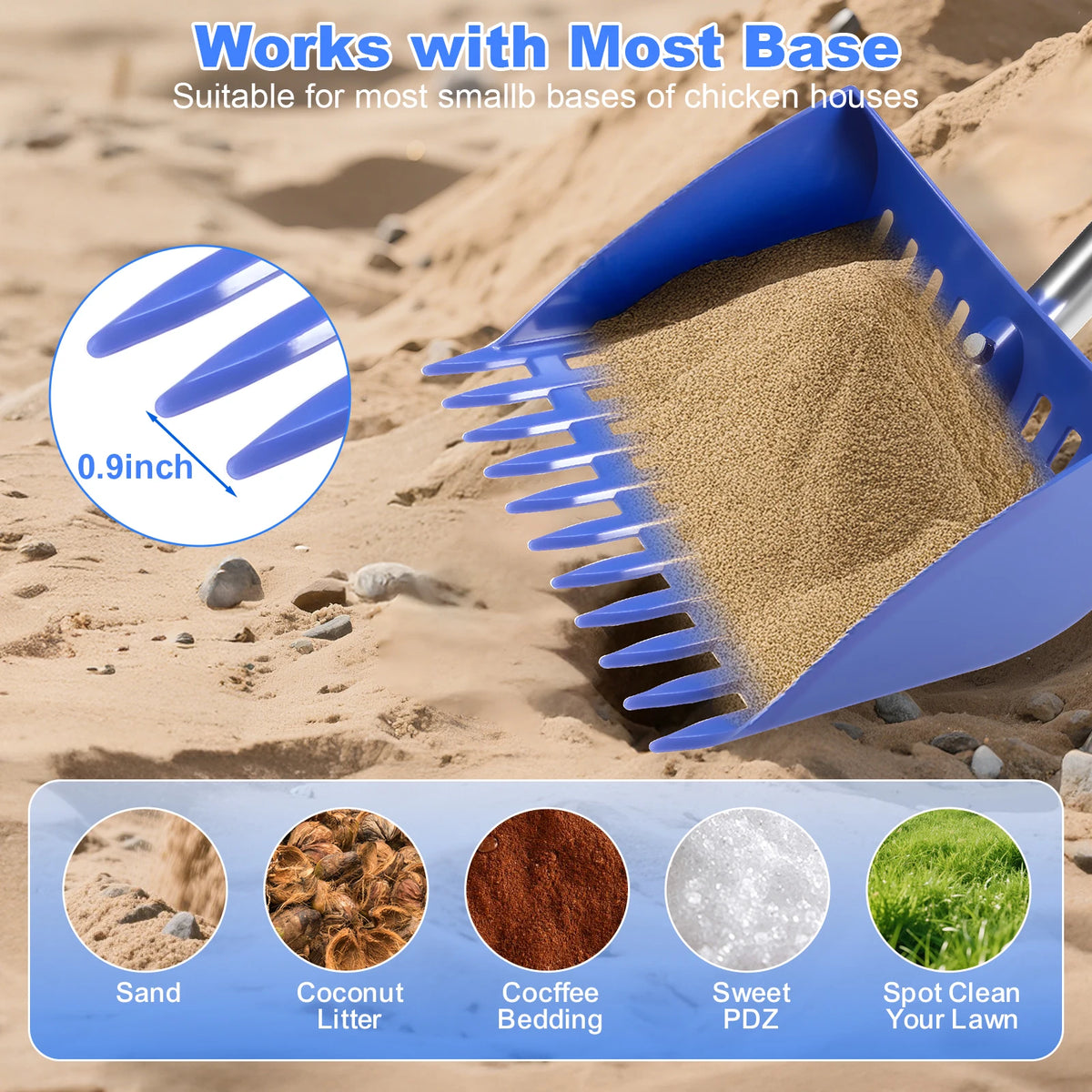 Ergonomic 2-in-1 Chicken Manure Shovel And Rake with Adjustable Handle Durable Sand Screen Garbage Shovel for Cleaning Chicken Coops Pet Waste And Small Farm Animals