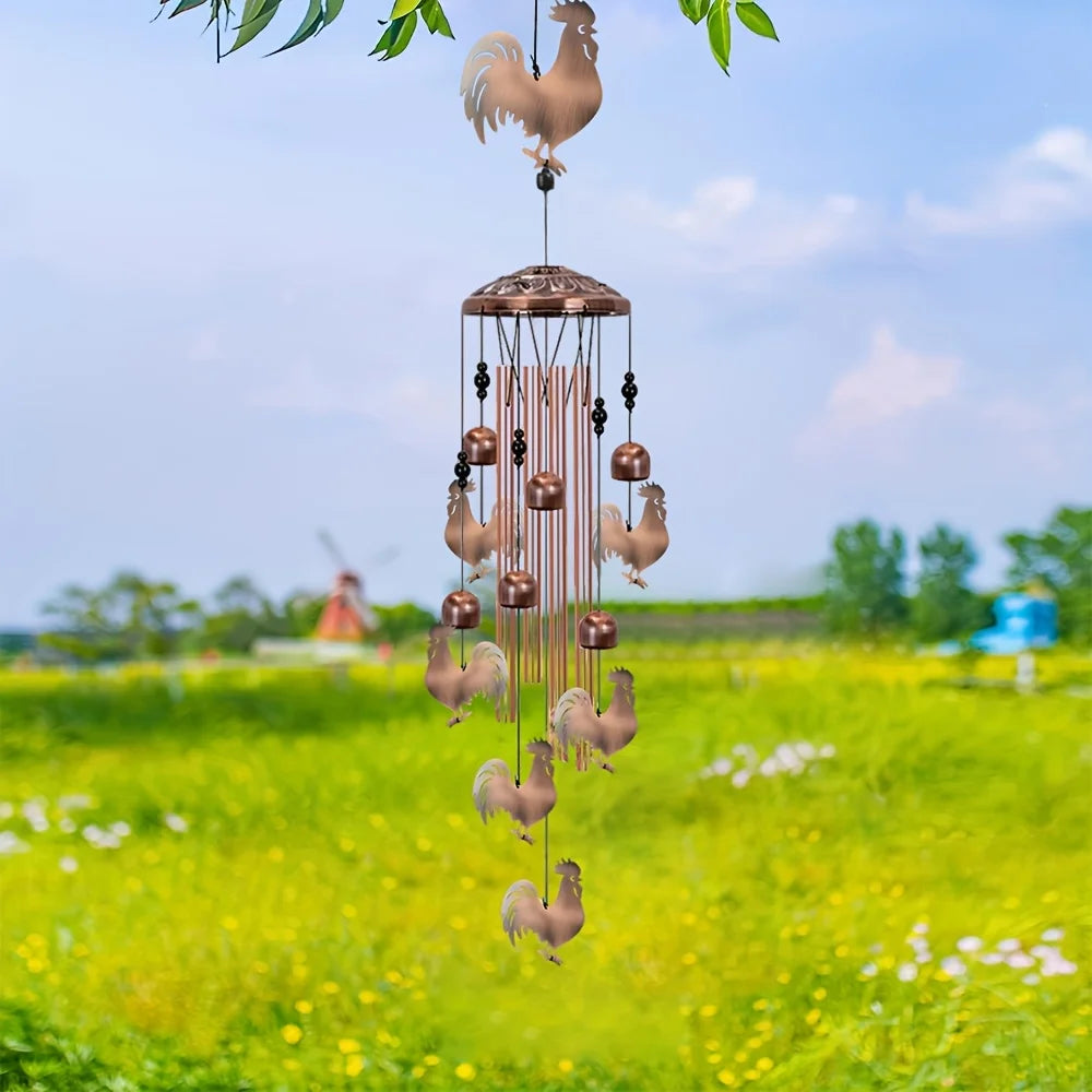 Rooster Wind Chime Outdoor/Indoor - Aluminum Tube Wind Chime with S-Hook, Soothing Sound & Hanging Chicken Cutouts, Garden/Porch