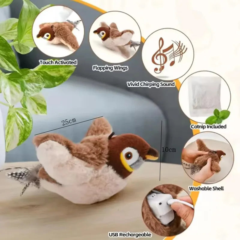 Interactive Chirping Flapping Bird Plush Cat Toy Touch Activated