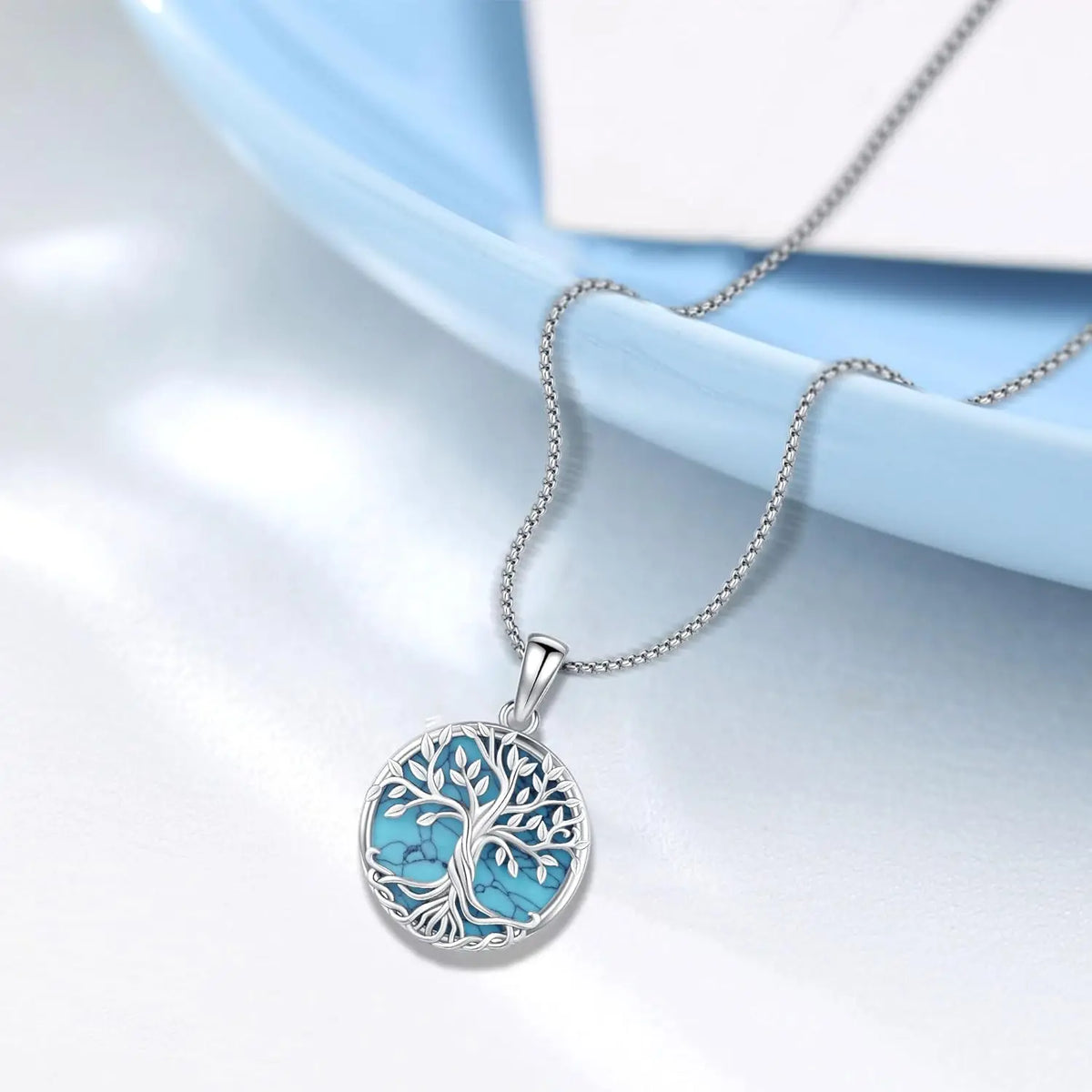 DRINSPER Sterling Silver Tree Of Life Turquoise Pendant Necklace
