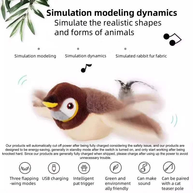 Interactive Chirping Flapping Bird Plush Cat Toy Touch Activated