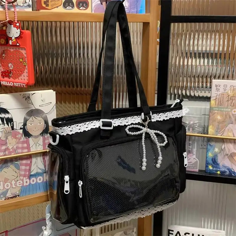 Cute Lolita Ita Transparent Shoulder Tote Bag With Bow Detail