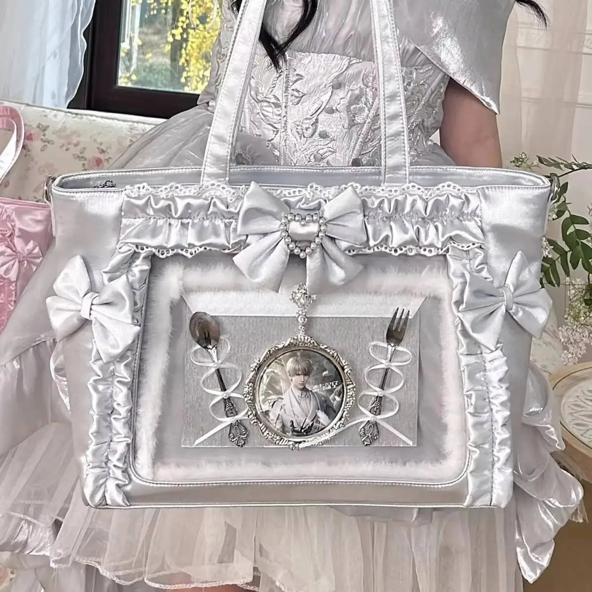 Cute Lolita Ita Transparent Shoulder Tote Bag With Bow Detail