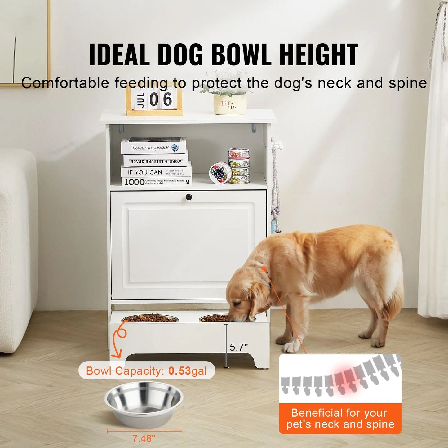 Pet Feeding Station with 2 Stainless Steel Bowls, Elevated Dog Bowls with Storage, Dog Food Storage and Feeder Station with Tilt Out Storage Cabinet, Pet Toy Storage Organizer, for Small Dogs