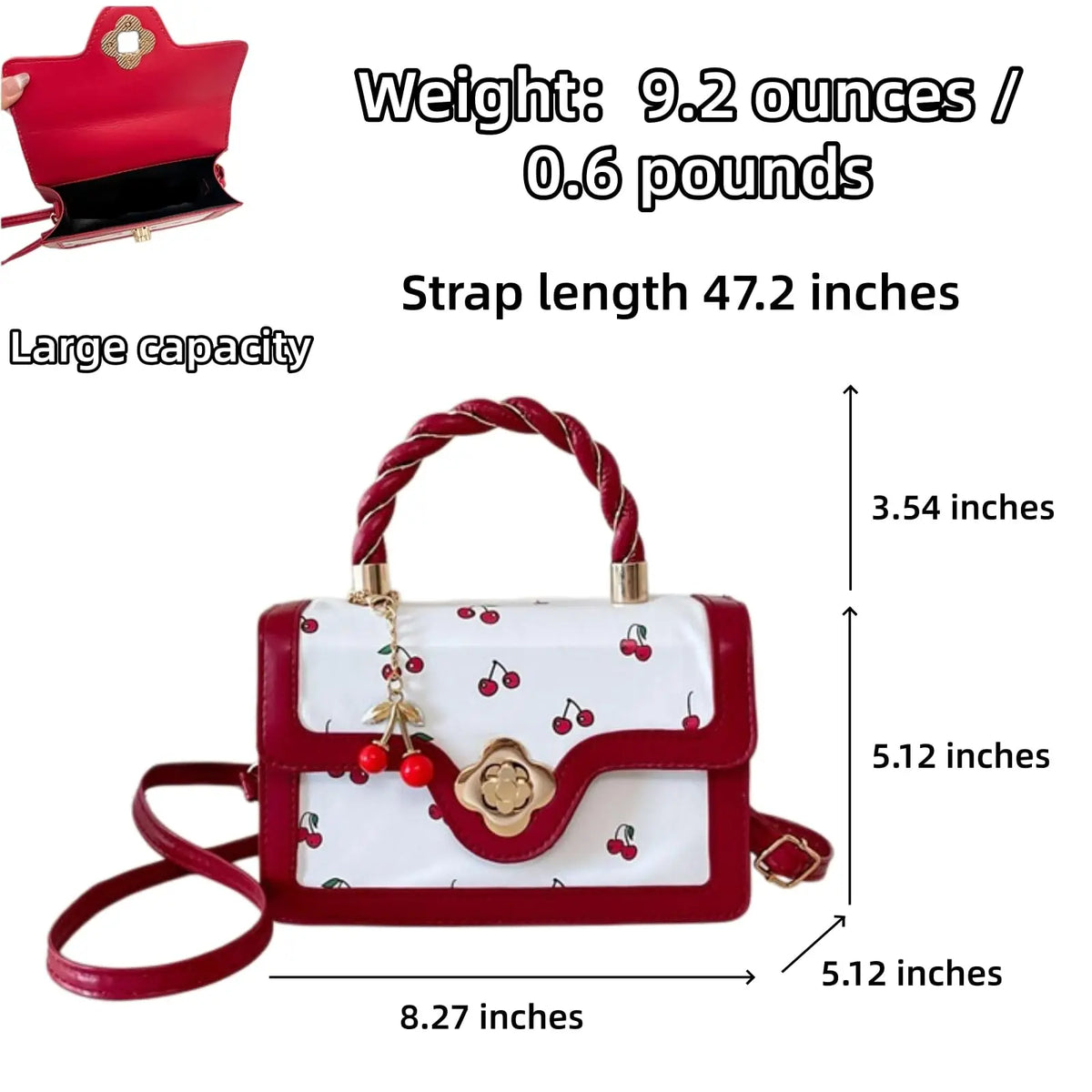 Womens Cherry Print Handbag With Twist Handle And Removable Strap