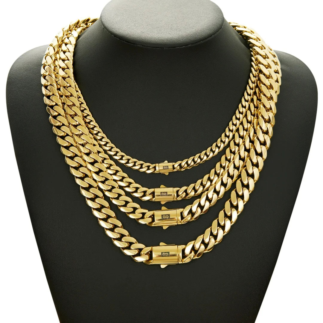 6-14mm wide Stainless Steel Cuban Miami Chains Necklaces  unisex Necklace Chain 316L 14K gold-plated Hip Hop Bracelet Gold Color