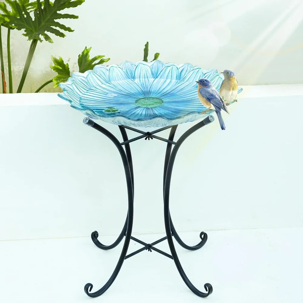 Outdoor Glass Birdbath with Metal Stand for Outside Yard Garden Decor, 18 inch Diameter Blue Bird