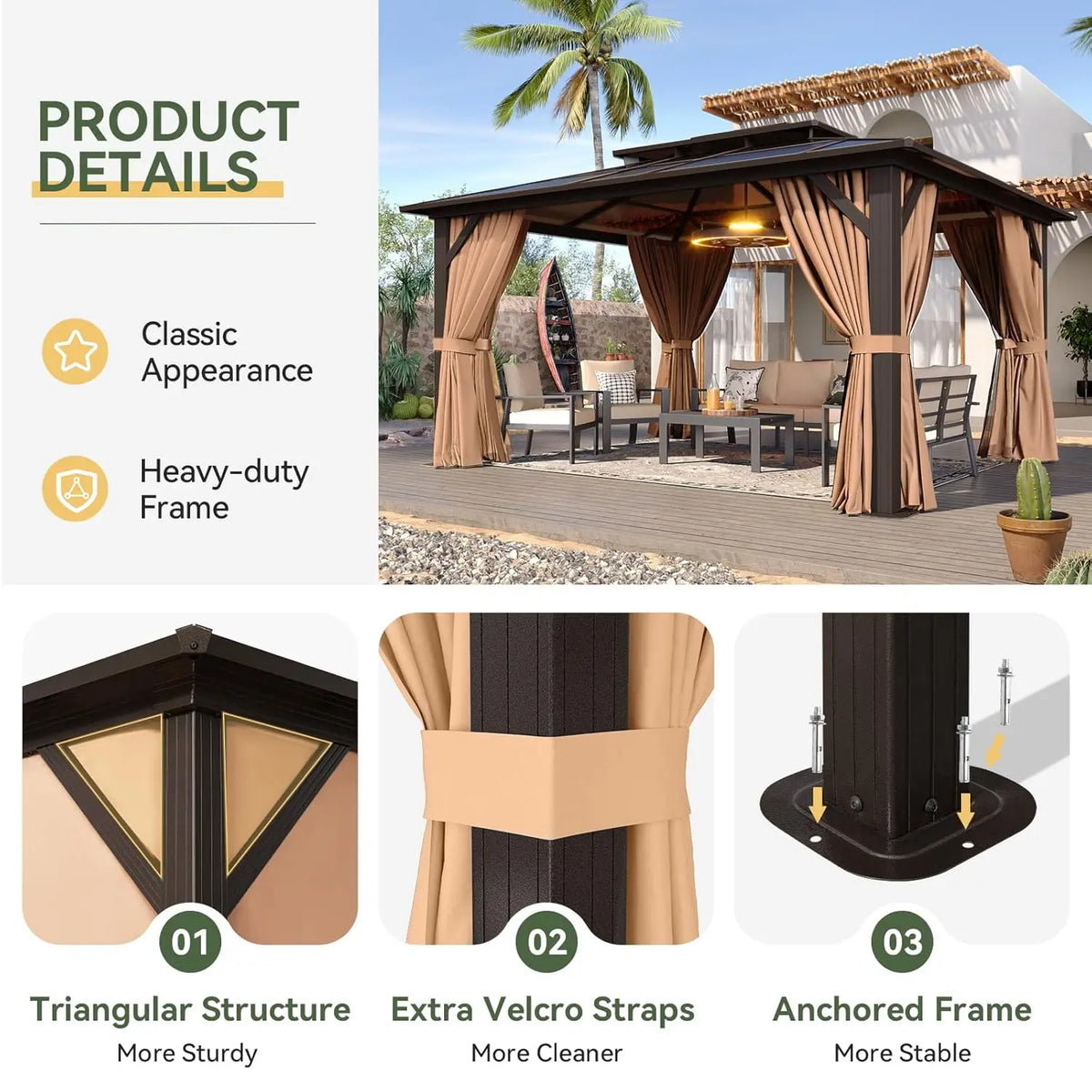 Aluminum Hardtop Gazebo With Curtains Netting And Polycarbonate Roof