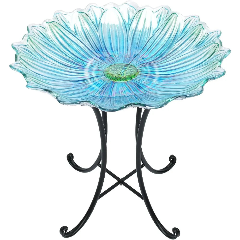 Outdoor Glass Birdbath with Metal Stand for Outside Yard Garden Decor, 18 inch Diameter Blue Bird