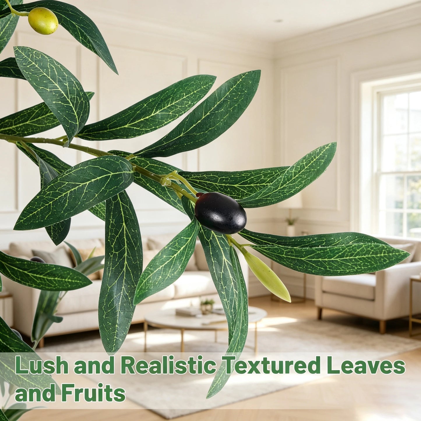 1.5/1.8/2.1m Artificial Olive Tree PE Real Touch Faux Olive Tree with Black Pot Outdoor Indoor Artificial Plants with Natural Wood Trunk and Lifelike Fruits for Home Office Decor