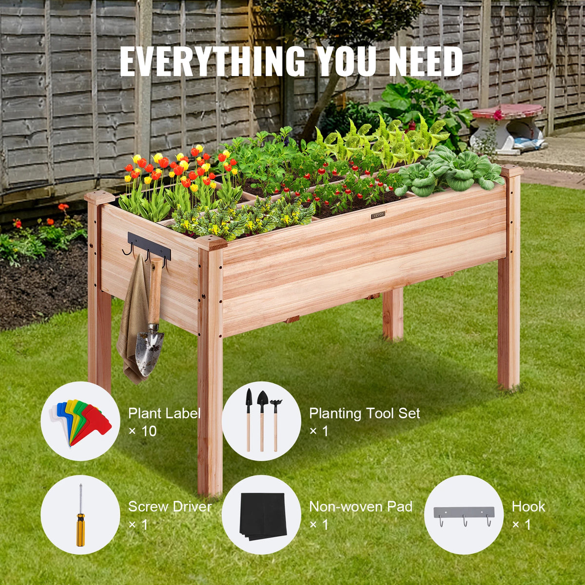 SucceBuy Wooden Raised Garden Bed Planter Box Elevated/Floor w/ Whole Kit and Drainage System for Planting Flower Vegetable Herb