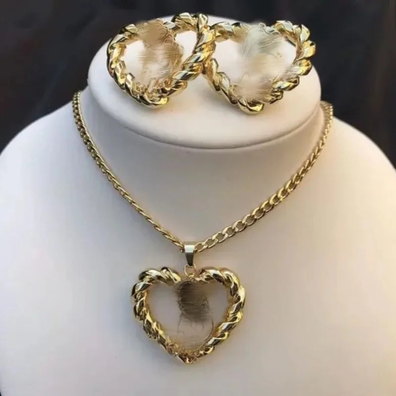 Personalized Name And Pattern Heart Necklace And Earrings Jewelry Set