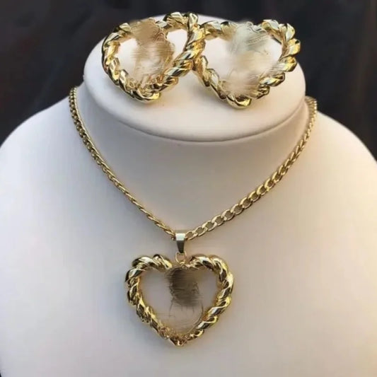 Personalized Name And Pattern Heart Necklace And Earrings Jewelry Set