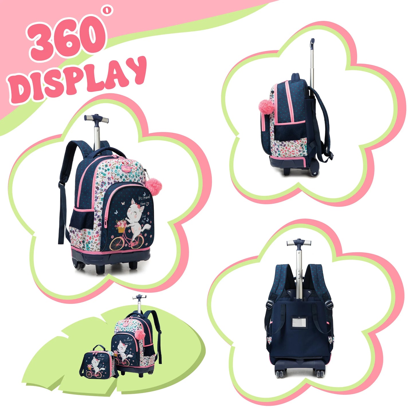 3-Piece Girls Stylish Rolling Backpack Set Perfect for Girls with Wheeled Luggage Lunch Bag Pencil Case for School Travel