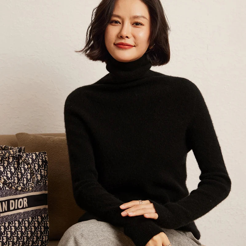 100% Cashmere Sweater Women's Knitted Pullover Sweater High Neck Solid Color Slim Fit Soft Cashmere Basic Women's Sweater