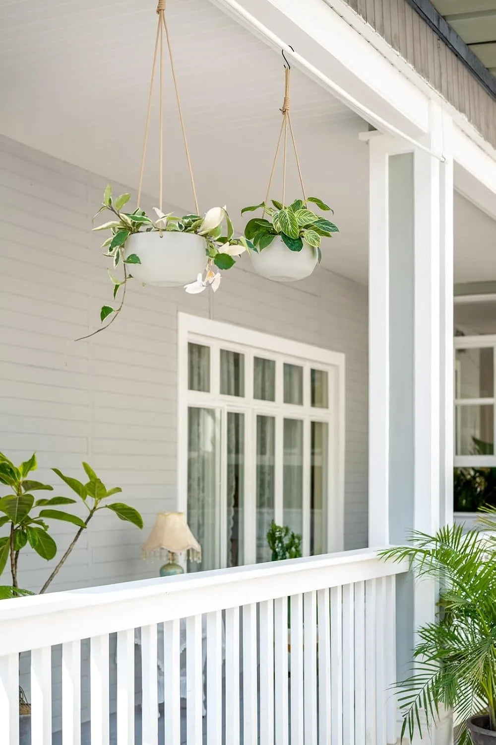 Ceramic Hanging Planters for Indoor Plants, 8" Shallow & 6" Deep 2Pcs | Modern Minimalist Plant Pots, Geometric Porcelain, Hanging Basket with Rope Hanger Drainage Holes