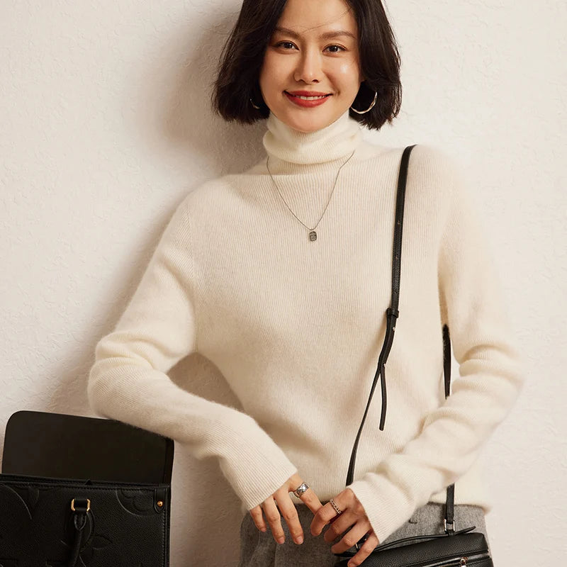 100% Cashmere Sweater Women's Knitted Pullover Sweater High Neck Solid Color Slim Fit Soft Cashmere Basic Women's Sweater