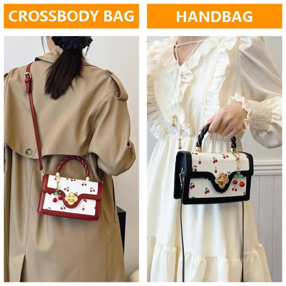 Womens Cherry Print Handbag With Twist Handle And Removable Strap