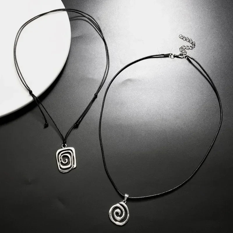 Vintage Spiral Vortex Pendant Necklace With Woven Leather Rope